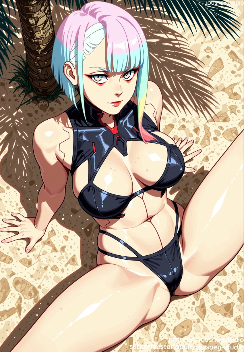 ai_generated arm_support bangs bare_shoulders beach bikini black_bikini black_swimsuit blue_hair breasts cleavage closed_mouth clothing cyberpunk:_edgerunners cyberpunk_(series) cyberpunk_2077 cyborg eyeliner female female female_only from_above gradient_hair grey_eyes jousneystudio large_breasts lips looking_at_viewer lucy_(cyberpunk) lucyna_kushinada multicolored_hair navel palm_tree pink_hair red_eyeliner red_lips sand short_hair sitting solo spread_legs swimsuit thighs tree