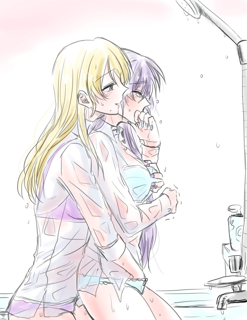 2girls airen ayase_eli bathroom blonde_hair blush bra breasts couple embarrassed fingering happy implied_fingering love_live! love_live!_school_idol_project multiple_girls panties purple_hair see-through shower simple_background smile toujou_nozomi underwear wet white_background yuri