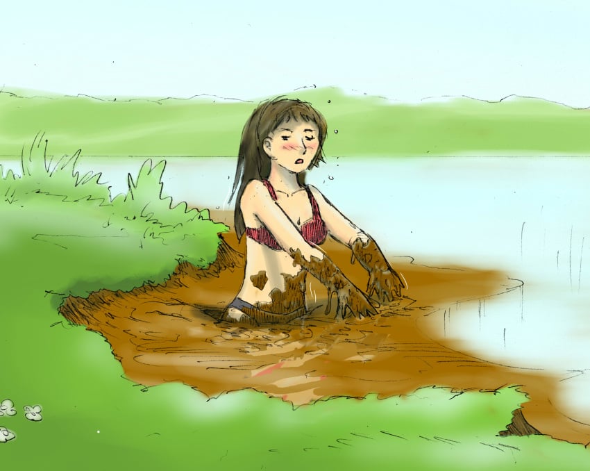 black_eyes blush bra brown_hair female human mud muddy panties silkyfriction sinking solo tagme