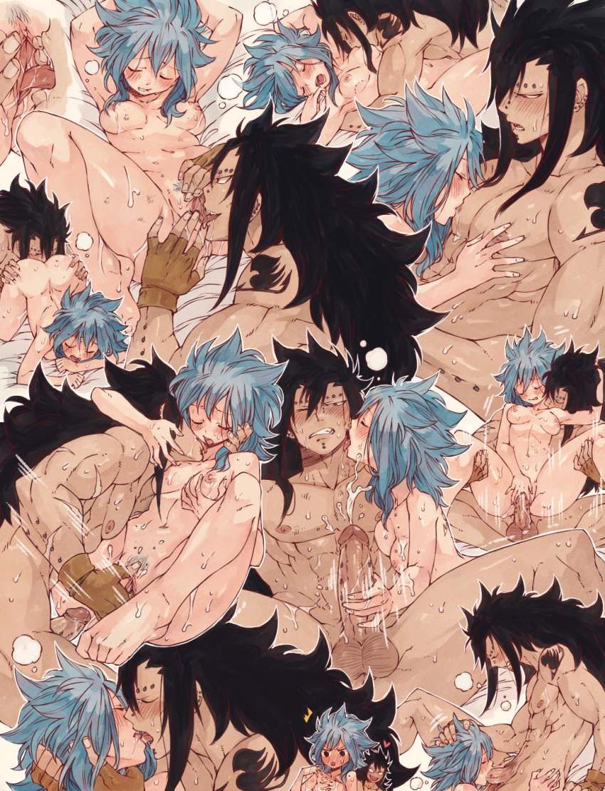 1boy barefoot black_hair blue_hair blush breasts closed_eyes cum cunnilingus fairy_tail feet fellatio female fingering fingerless_gloves french_kiss gajeel_redfox gloves handjob heart highres kissing larger_male levy_mcgarden licking male_nipple_licking medium_breasts navel neck_kiss neck_kissing nipple_tweak nipples nude one_eye_closed oral penis piercing pubic_hair pussy romantic rusky sequential sex size_difference smaller_female speed_lines stomach straight sweat tattoo uncensored wholesome