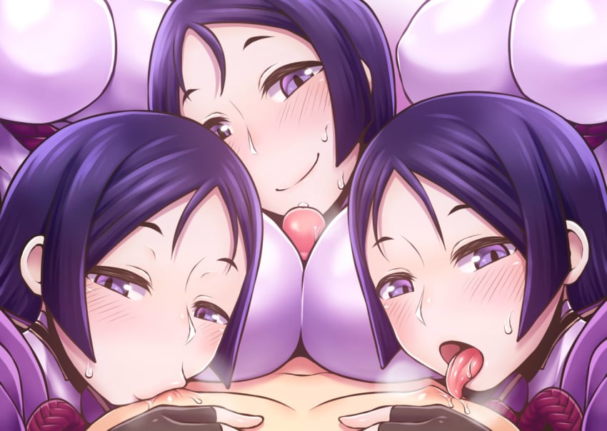 5girls blush breasts clone fate/grand_order fate_(series) group_sex half-closed_eyes harem head_tilt heart large_breasts licking looking_at_viewer minamoto_no_raikou_(fate/grand_order) multiple_girls multiple_persona nipple_licking paizuri penis pov precum purple_eyes purple_hair rantana_(lalalalackluster) saliva smile sucking_male_nipple sweat teamwork tongue tongue_out