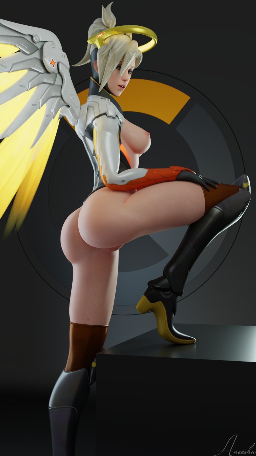 1girls 3d 3d_(artwork) aneesha areolae ass blender_(software) blizzard_entertainment blonde_hair breasts dat_ass female female_only mercy nipples one_leg_up overwatch ponytail solo