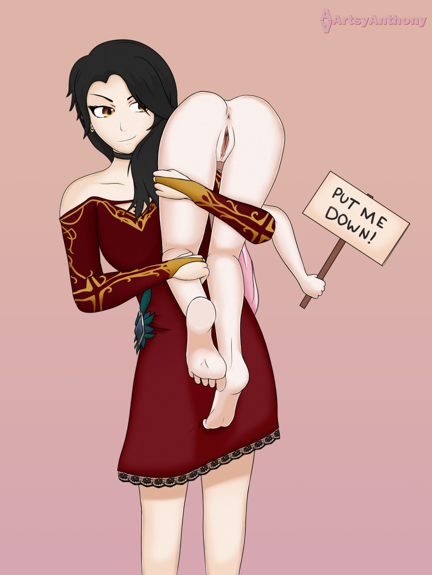 2girls anus artsyanthony carrying carrying_over_shoulder cinder_fall clothed_female_nude_female colored_hair dress dyed_hair female human labia multiple_girls mute neo_(rwby) pussy rwby sign