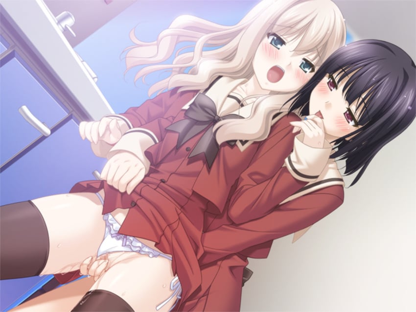 2girls black_hair blonde_hair blue_eyes blush censored couple fingering fingering_partner game_cg kawamura_reo licking looking_at_another moaning mosaic_censoring multiple_girls official official_art open_mouth panties panties_aside peko purple_eyes pussy pussy_juice sawaguchi_mai school_uniform smile sono_hanabira_ni_kuchizuke_wo thighhighs uniform wet yuri