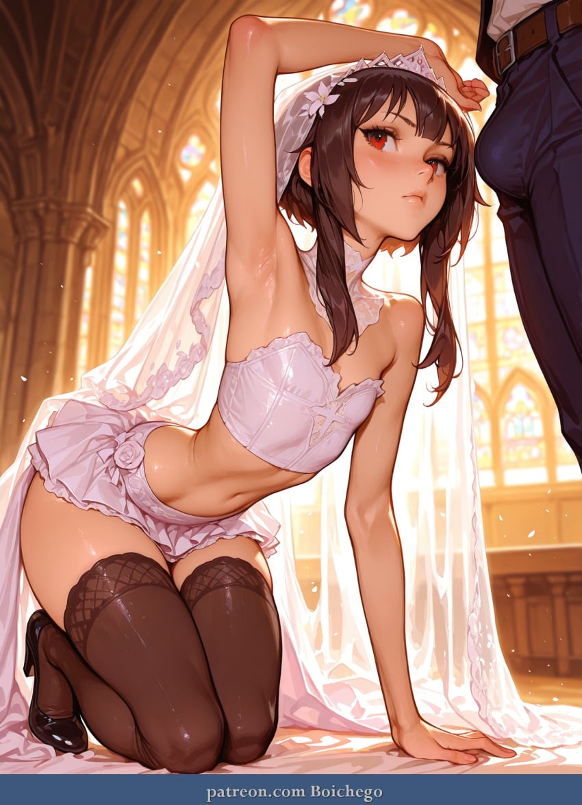 thighhighs 1girl red_eyes veil kneeling skirt long_hair blush navel rating:safe bridal_veil 1boy brown_legwear bangs midriff brown_hair bare_shoulders indoors megumin kono_subarashii_sekai_ni_shukufuku_wo! konosuba boichego genderswap genderswap_(ftm) femboy ai_generated ai_assisted ai_art ai-created