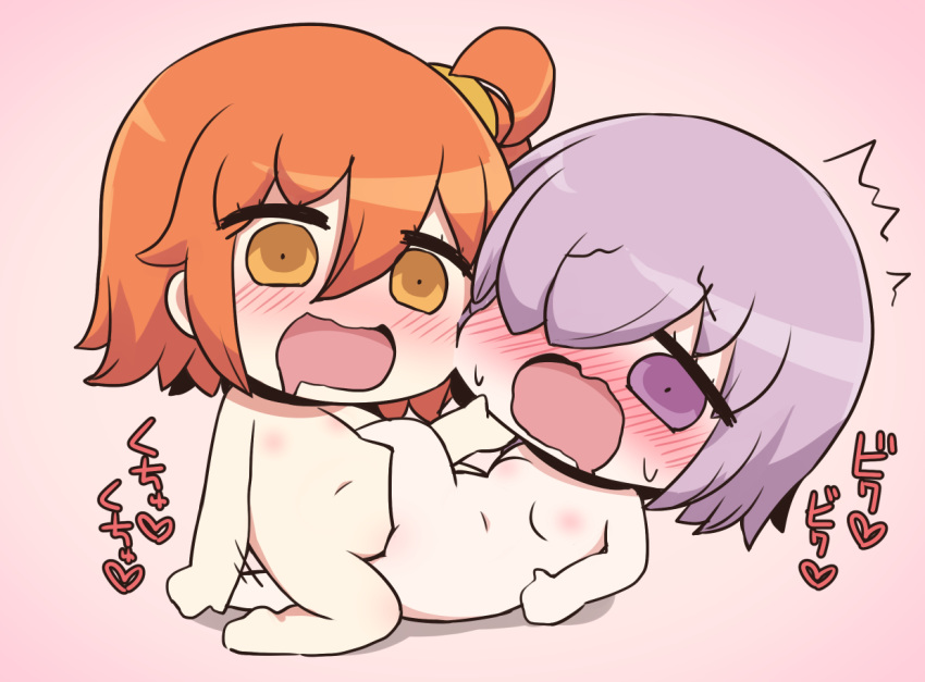 2girls absurdres ahoge bad_id bad_pixiv_id bangs breasts brown_eyes brown_hair chibi eyebrows_visible_through_hair fate/grand_order fate_(series) fooyuta fujimaru_ritsuka_(female) hair_ornament hair_over_one_eye hair_scrunchie highres lavender_hair long_hair mash_kyrielight multiple_girls nude open_mouth pussy riyo_(lyomsnpmp)_(style) scrunchie shielder_(fate/grand_order) short_hair side_ponytail small_breasts tribadism yuri