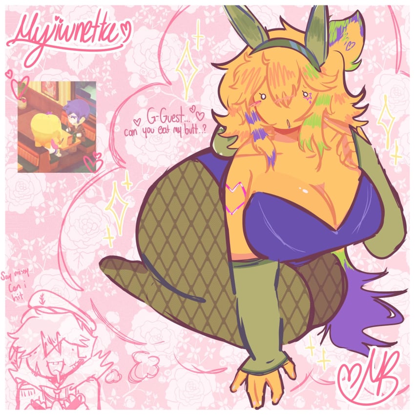 1girls ass_focus big_ass big_breasts bodysuit bunny_ears bunnysuit chubby chubby_female fishnet_legwear fishnets forsaken_(roblox) gloves guest_1337_(forsaken) imagining myiiwnetta nintendo noob noob_(forsaken) raccoon_tail_hair roblox roblox_game robloxian scene_hair scene_noob thought_bubble tomodachi_life tomodachi_life:_living_the_dream