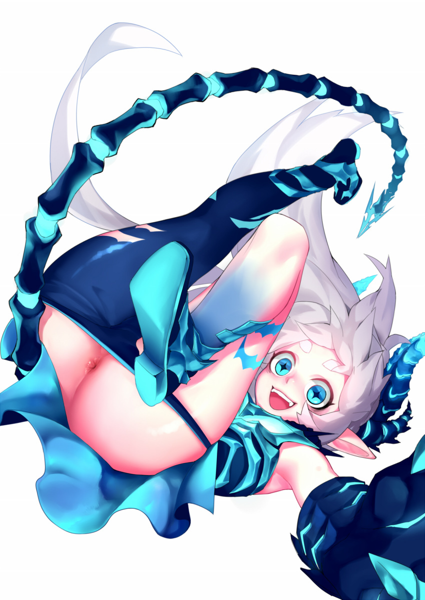 +_+ 3eye_(artist) :d anus ass asymmetrical_clothes blue_eyes elsword female highres horns long_hair looking_at_viewer luciela_r._sourcream open_mouth pants_pull pointy_ears short_eyebrows single_pantsleg smile symbol-shaped_pupils tail upside-down white_background white_hair