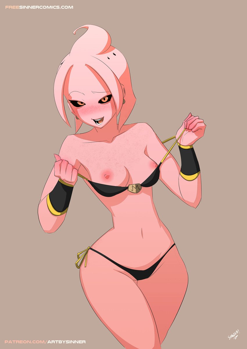 1girls alien areolae bare_shoulders bikini bikini_bottom bikini_top black_sclera blush bra_pull breasts collarbone crossed_legs dragon_ball dragon_ball_xenoverse earrings fan_character female female_majin female_only freckles half-closed_eyes looking_at_viewer majin majin_lamp monster_girl navel nipples open_mouth pink_eyes pink_hair pink_skin seductive seductive_smile side-tie_bikini side-tie_panties sillygirl sinner smile solo stripping thigh_gap thighs wide_hips wrist_cuffs