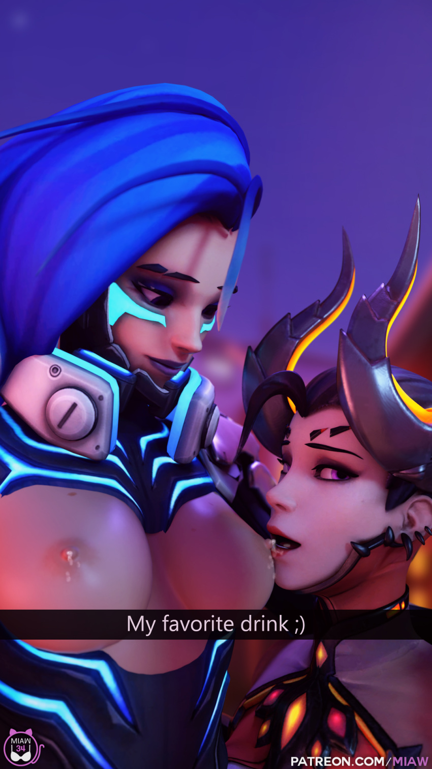 3d alternate_costume big_breasts blender blizzard_entertainment breast_sucking breastfeeding cyberspace_sombra devil_mercy duo lactation mercy miaw34 milk overwatch overwatch_2 snapchat sombra text yuri