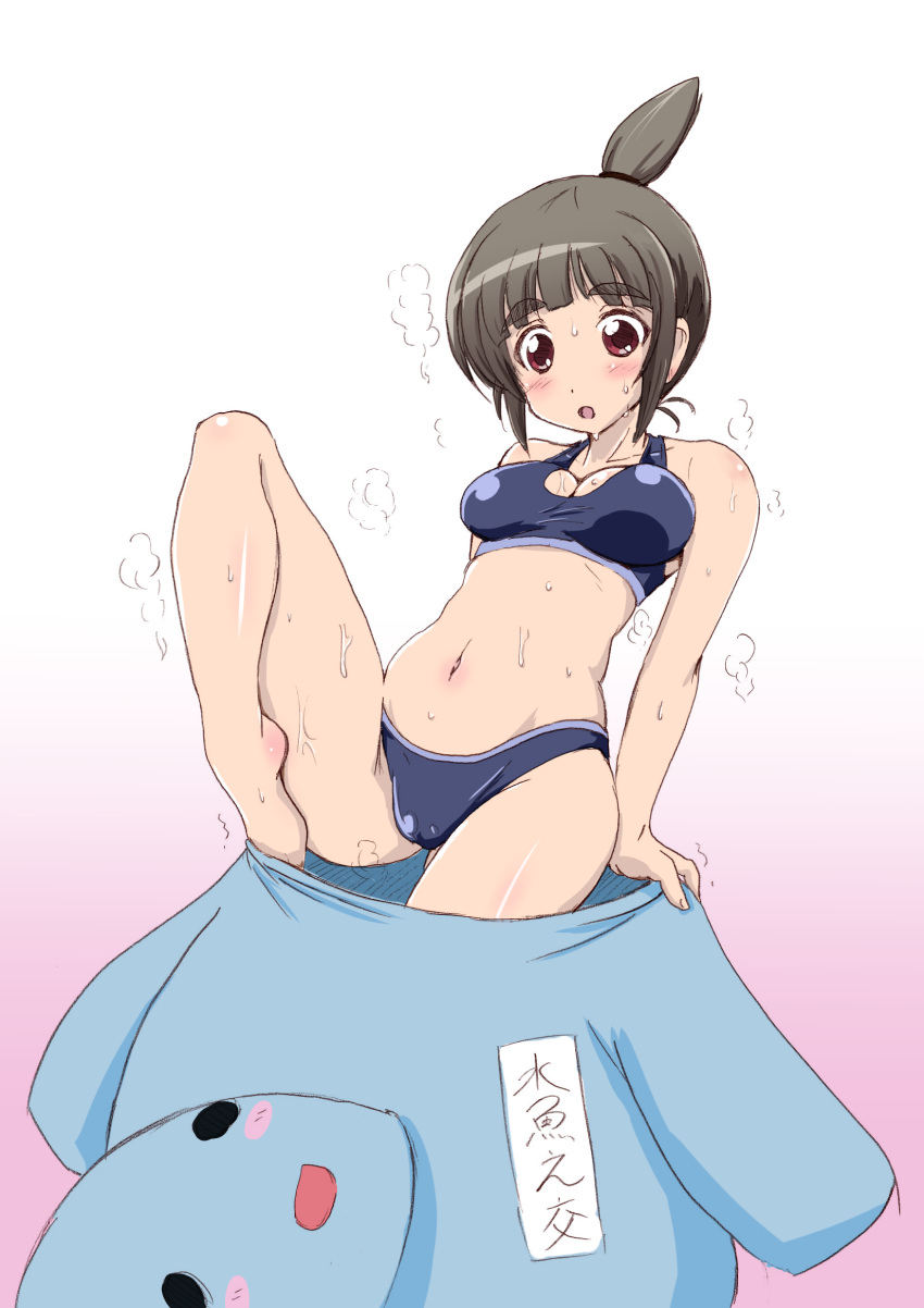 bra breasts brown_hair eyebrows female fuchi futsuu_no_joshikousei_ga_locodol_yattemita high_resolution lingerie medium_breasts mikoze_yui navel open_mouth red_eyes short_hair simple_background sports_bikini sports_bra sweat thick_eyebrows underwear uogokoro-kun