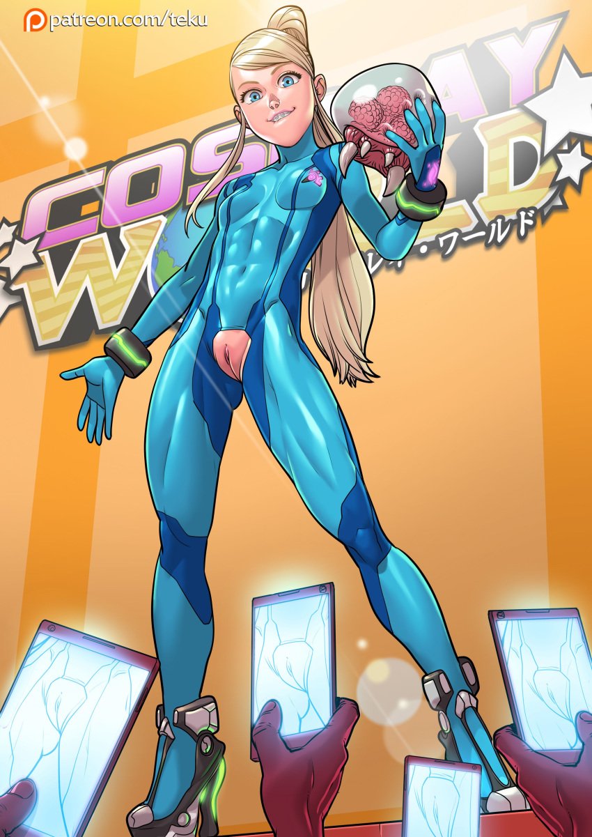 1girls abs baby_(metroid) blonde_hair blue_eyes bodysuit braces breasts camera cosplay crotch_cutout crotchless cutout dark_skin exposed_pussy female high_heels human looking_at_pussy metroid metroid_(creature) muscles muscular_female navel nintendo original_character phone ponytail pov pussy recording rocket_heels samus_aran_(cosplay) small_breasts standing taking_picture taking_picture_of_pussy tammy_(tekuho) teen teenager tekuho text url voyeur watermark young zero_suit