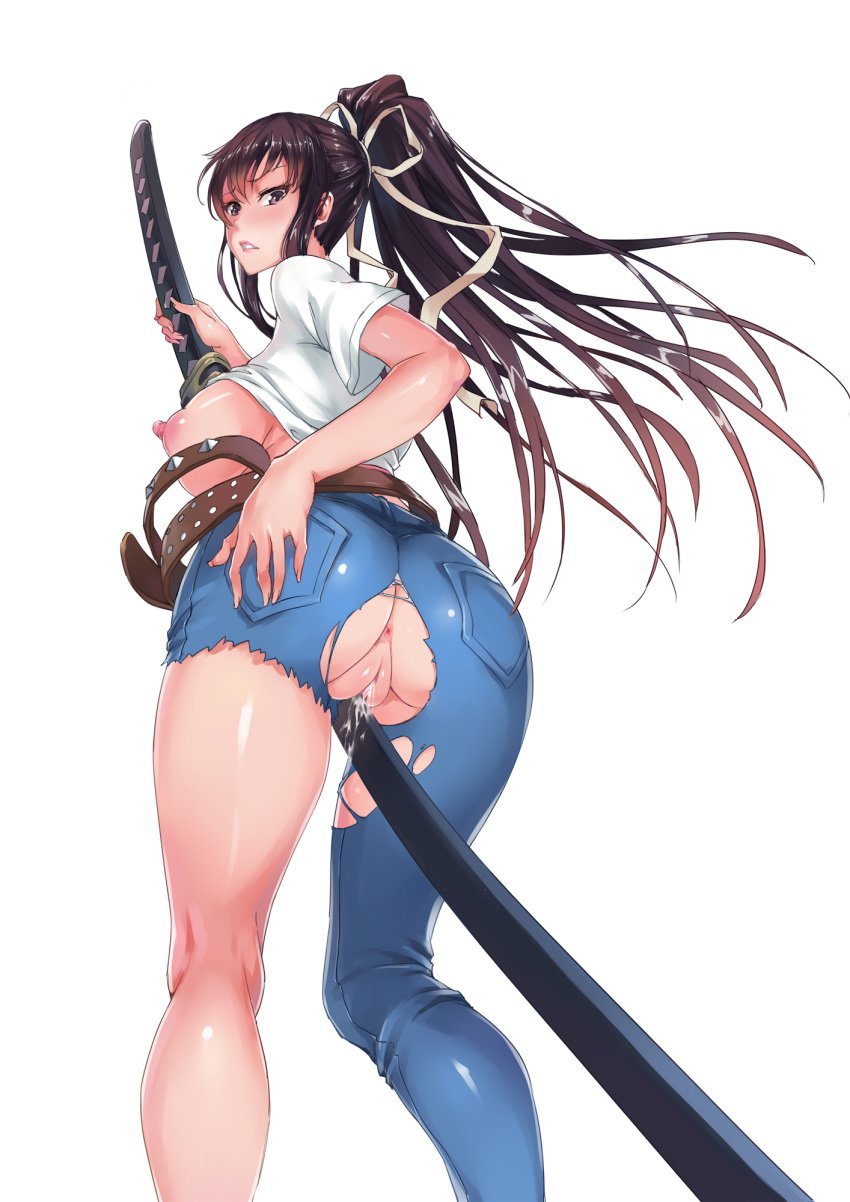 1girls anus ass asymmetrical_clothes belt bent_knees between_labia black_hair blue_pants breasts crotch_rub denim female female_only from_behind from_below grinding hair_ribbon highres innie_pussy jeans kanzaki_kaori kneepits large_breasts long_hair looking_at_viewer looking_back nipples ootachi pants parted_lips ponytail purple_eyes pussy pussy_juice ribbon ripped_jeans scabbard sheathed shinkaui shirt shirt_lift short_sleeves single_pantsleg solo sword t-shirt thighs tight_jeans tight_pants to_aru_majutsu_no_index torn_clothes torn_pants very_long_hair weapon white_shirt