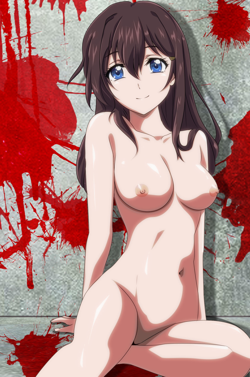 bare_shoulders blood blue_eyes breasts brown_hair collarbone female gentoku highres navel nipples no_pussy nude pointy_chin sitting smile solo yokozuwari