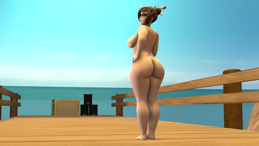 3d ass back back_view backside barefoot big_ass big_breasts big_butt breasts brown_eyes brown_hair bubble_butt chubby curvy derpsycho333 feet female glasses mei_(overwatch) overwatch source_filmmaker standing thick thick_thighs wide_hips wings