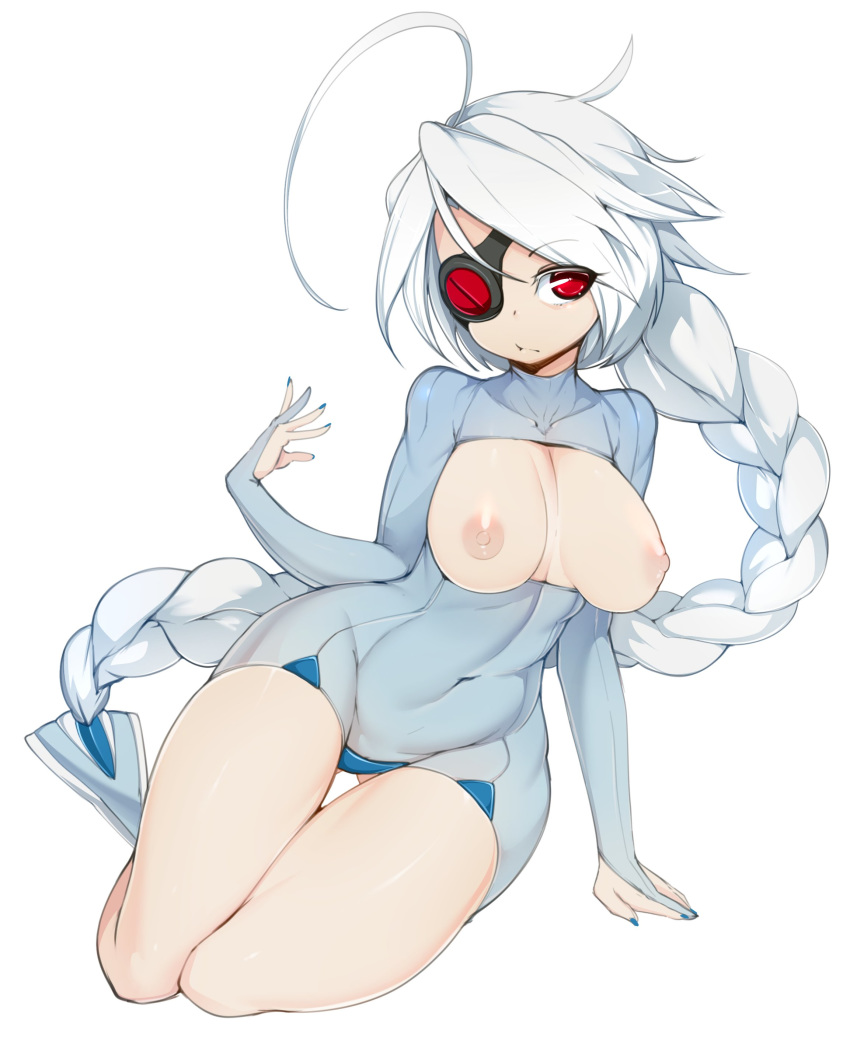 1girls absurdres ahoge areolae arm_support ass_visible_through_thighs big_breasts blazblue blue_unitard braid breasts breasts_apart breasts_out collarbone covered_navel eyebrows_visible_through_hair eyepatch eyes_visible_through_hair female highres large_breasts legs_together long_hair looking_at_viewer nail_polish nipples nu-13 pale_skin red_eyes shiny shiny_clothes shiny_hair shiny_skin silver_hair simple_background sitting skin_tight slugbox solo thick_thighs thigh_gap thighs unitard white_background