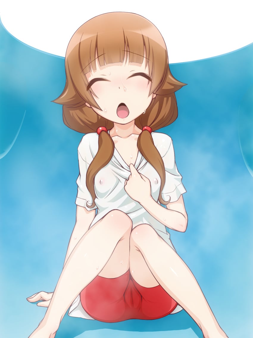 blush breasts brown_hair cameltoe closed_eyes clothing erect_nipples erect_nipples_under_clothes female futsuu_no_joshikousei_ga_locodol_yattemita high_resolution long_hair nazukari_mirai nipples open_mouth shirt sitting small_breasts solo spats steam sweat takeda_yukimura