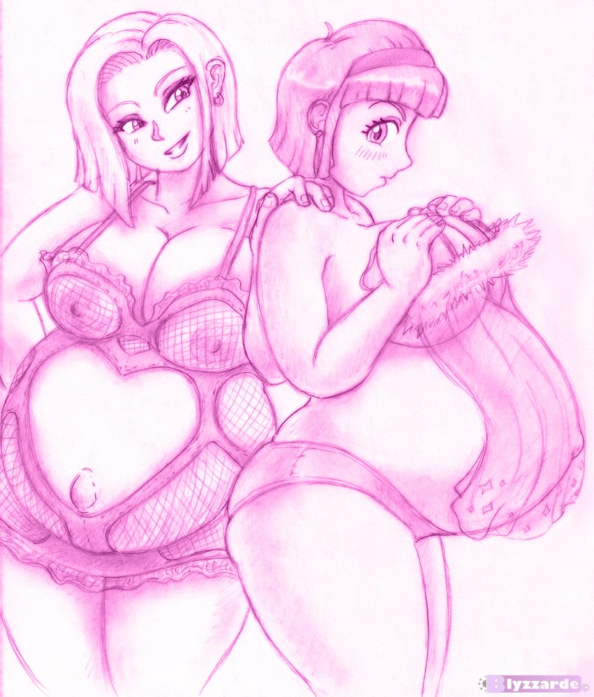 2girls android_18 areola belly big_belly blyzzarde breasts bulma_briefs bulma_briefs_(frieza_saga) busty cleavage dragon_ball dragon_ball_z huge_belly large_breasts lingerie milf nipples pregnant ready_to_pop voluptuous