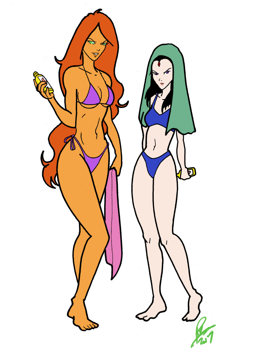 2girls bikini bottle clothed dc dc_comics inspector97 killer_lotion koriand'r lotion rachel_roth raven_(dc) starfire straight_hair sunscreen swimsuit teen_titans