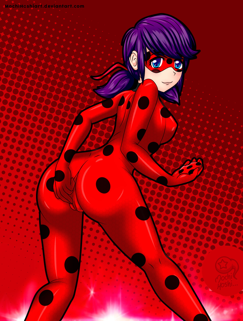 1girls artist_logo artist_name ass back_view bangs big_ass big_breasts blue_eyes blue_hair bodysuit cameltoe disney_channel domino_mask eye_mask female female_only ladybug_(character) large_ass looking_at_viewer looking_back marinette_dupain-cheng miraculous_ladybug mochi_hoshi pigtails presenting purple_hair rear_view solo standing twintails