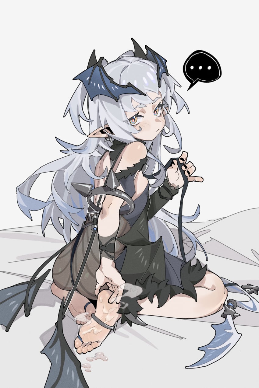 ... 1girl absurdres anklet armlet ass asymmetrical_gloves back bare_shoulders barefoot black_collar black_dress black_nails black_sleeves black_wings blue_eyes blue_streaks blue_wings butt_crack closed_mouth collar commentary cum cum_on_body cum_on_feet detached_sleeves dot_nose dragon_girl dragon_horns dragon_wings dress eflo_(794753336) expressionless feet foot_focus frilled_sleeves frills from_behind full_body fur_trim gloves gradient_hair hands_on_feet head_wings highres horns jewelry looking_at_viewer looking_back multicolored_eyes multicolored_hair multiple_wings nail_polish on_bed original pointy_ears red_pupils see-through_clothes seiza shoulder_blades sidelocks simple_background sitting sleeveless sleeveless_dress soles solo speech_bubble spikes spoken_ellipsis streaked_hair toe_ring toes twintails webbing white_background white_hair wings wristband yellow_eyes