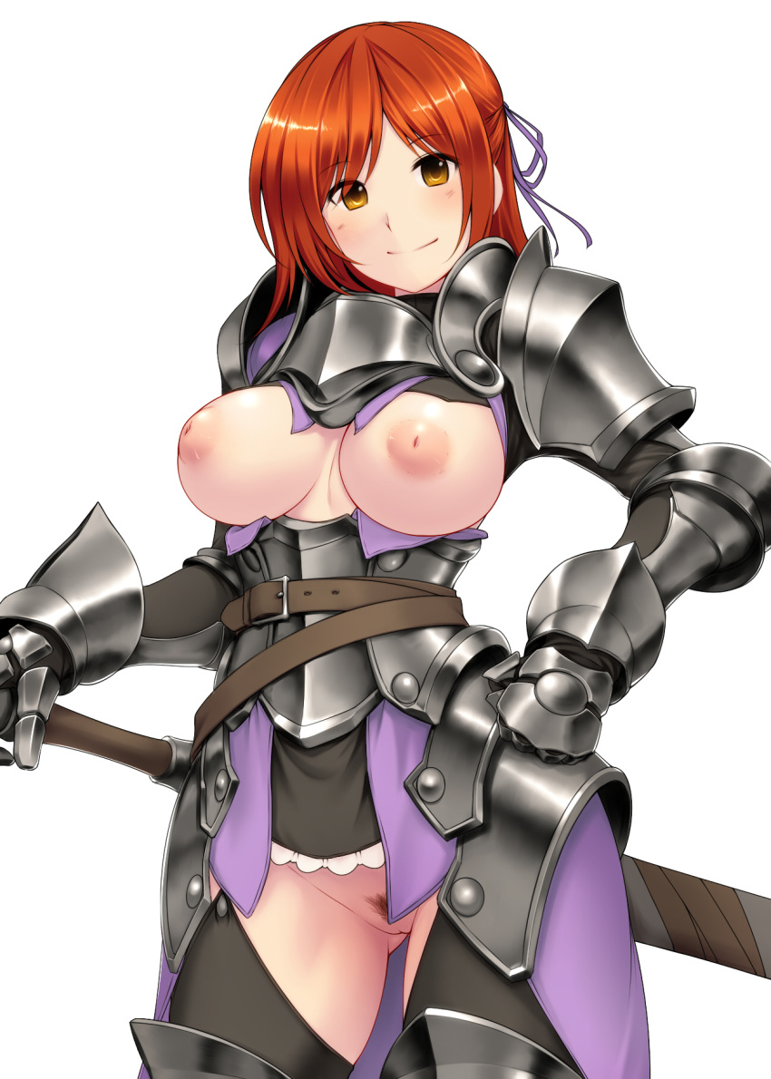 1girls areola armor belt blush breastless_clothes breasts brown_eyes casual_exposure female female_only gauntlets hair_ribbon hand_on_hilt hand_on_hip highres inverted_nipples knight long_hair looking_at_viewer medium_breasts nipples no_panties original pauldrons pubic_hair puffy_nipples pussy red_hair reverse_bikini_armor ribbon scabbard sheathed simple_background smile solo sword trimmed_pubic_hair tro vagina weapon white_background