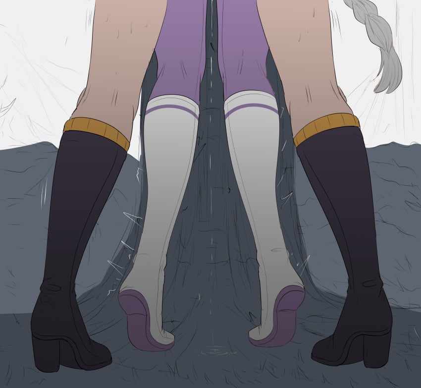 2girls absurdres black_boots bodysuit boots commentary_request elf elf_female emilia_(re:zero) from_behind fuzzlogik head_out_of_frame highres long_hair multiple_girls purple_bodysuit pussy_juice re:zero_kara_hajimeru_isekai_seikatsu shaula_(re:zero) silver_hair standing sweat tree trembling white_boots yuri