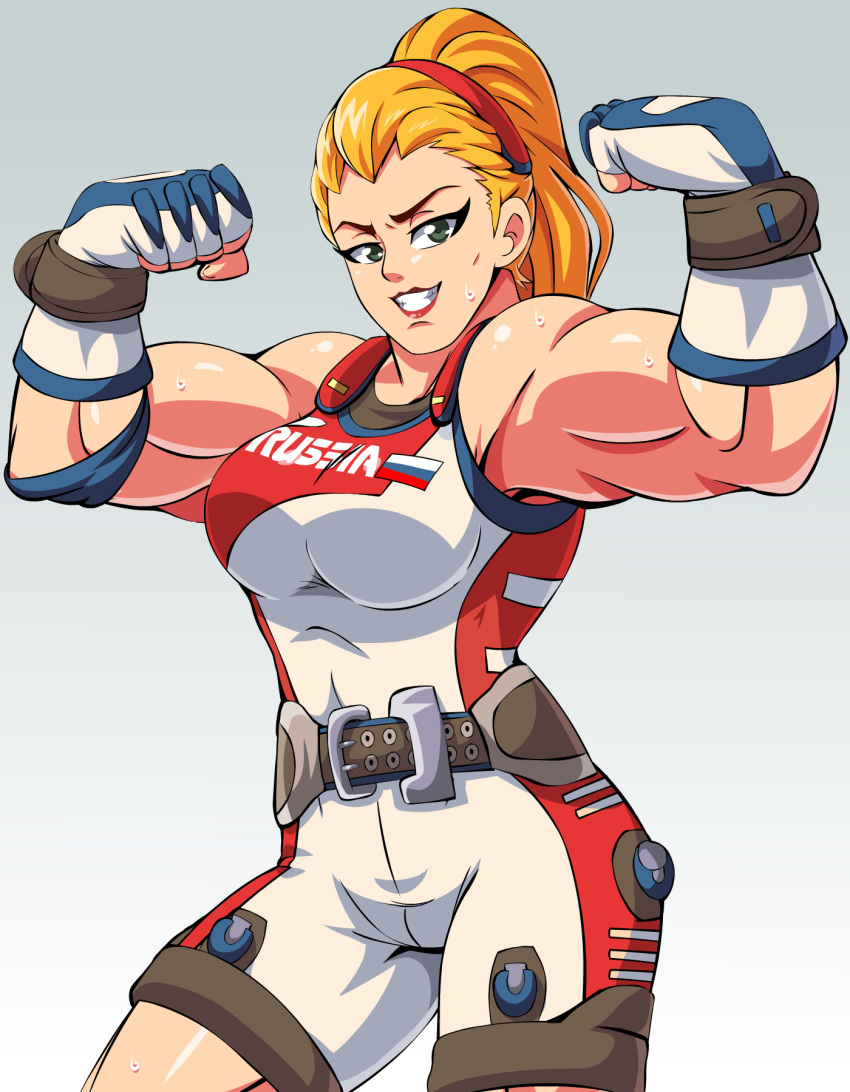 1girls 2d abs alternate_hairstyle areolae armpits belt biceps blizzard_entertainment blonde_hair breasts champion_zarya female female_only fingerless_gloves flexing front_view fully_clothed gloves gradient_background green_eyes hairband human large_breasts lewdamone lipstick long_hair looking_at_viewer muscles muscular_female overwatch ponytail red_lipstick shiny_skin simple_background smile solo sweat zarya