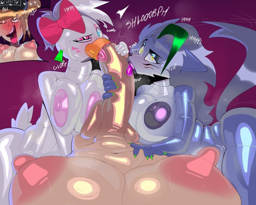 5:4 animatronic anthro areola avian balls big_areola big_balls big_breasts big_penis bird black_areola black_nipples blonde_hair blue_eyes bow_ribbon breasts canid canine canis chicken collaborative_oral crossgender english_text fellatio female first_person_view five_nights_at_freddy's five_nights_at_freddy's:_security_breach ftg_crossgender fti_crossgender furry futanari galliform genitals glamrock_chica glamrock_chica_(fnaf) glistening glistening_areola glistening_balls glistening_body glistening_breasts glistening_genitalia glistening_nipples glistening_penis grey_hair group gynomorph gynomorph/female gynomorph_pov hair hi_res human human_on_anthro human_pov intersex intersex/female intersex_pov interspecies licking looking_at_viewer machine mammal nipples non-mammal_breasts nude one_eye_closed onomatopoeia open_mouth oral penile penis penis_lick phasianid pink_areola pink_nipples purple_body robot roxanne_wolf_(fnaf) scottgames sex sound_effects steel_wool_studios tayronnebr tayuri text tongue trio vanessa_(fnaf) white_body wolf wolf_girl yellow_eyes