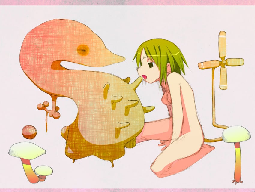 abstract anal anal_object_insertion bestiality black_eyes blob breasts colorful completely_nude creature drooling game_asset green_hair half-closed_eyes kneeling leaning_forward medium_hair melting monster mushroom non-web_source nude object_insertion oral saliva small_breasts subarashiki_hibi surreal tongue tongue_out visual_novel_cg zoophilia