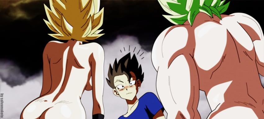 1boy 2girls ass back black_eyes black_hair blonde_hair blush breasts cabba caulifla clothes confused dragon_ball dragon_ball_super female funny green_hair imminent_rape imminent_sex kale kale_(berserker) legendary_super_saiyan light-skinned_female light_skin male multiple_girls muscle nude outdoors saiyan salvamakoto shirt shocked short_hair sideboob spiky_hair super_saiyan super_saiyan_2 wristband