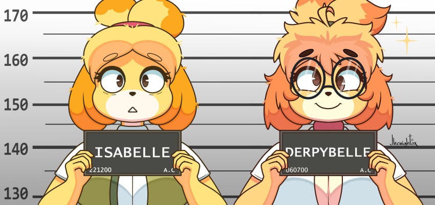 2girls animal_crossing barbie_and_ken_mugshot_(meme) big_breasts breasts character_name cleavage derpybelle duo female female_only furry holding_object huge_breasts isabelle_(animal_crossing) jhenightfox mugshot nintendo oc shih_tzu tagme