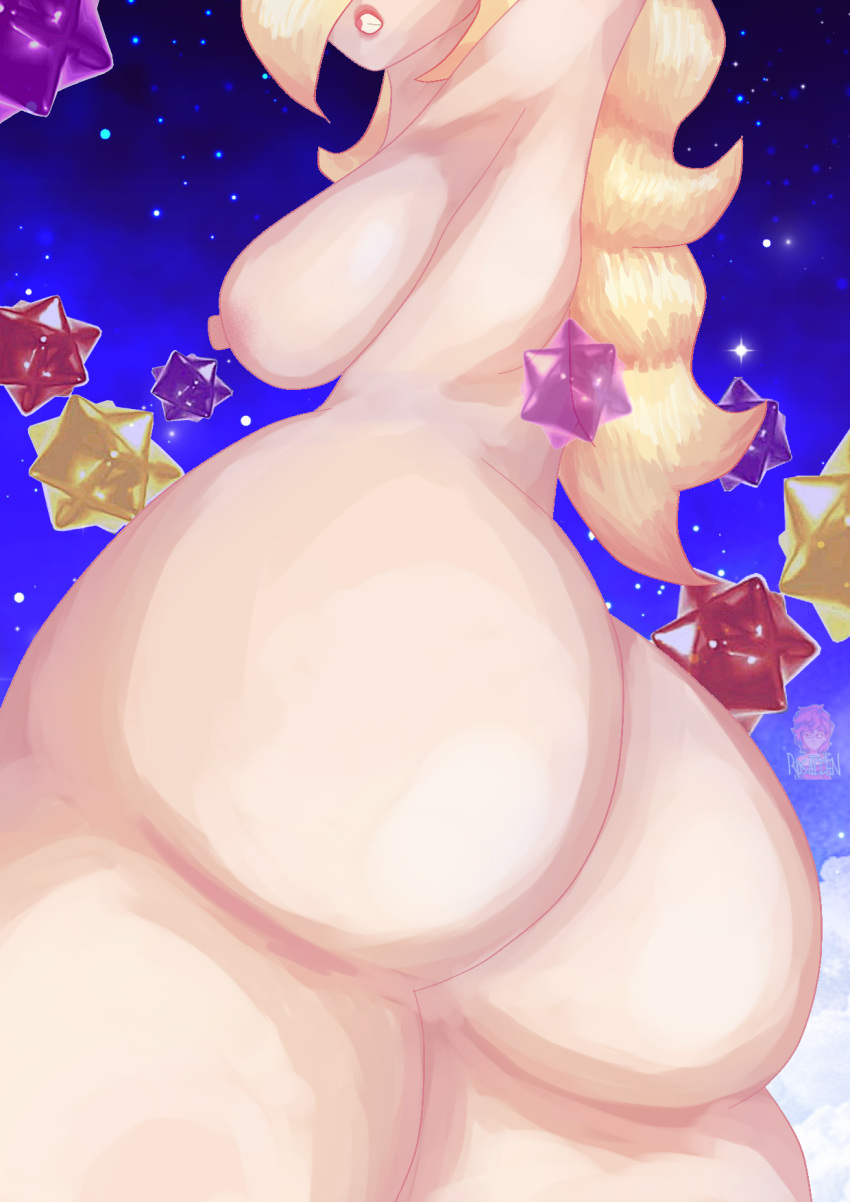 1girls ass back_view big_ass big_breasts big_butt blonde_hair breasts female female_focus female_only hair_over_one_eye mario_(series) nintendo nipples nude princess_rosalina solo standing star_bits super_mario_galaxy