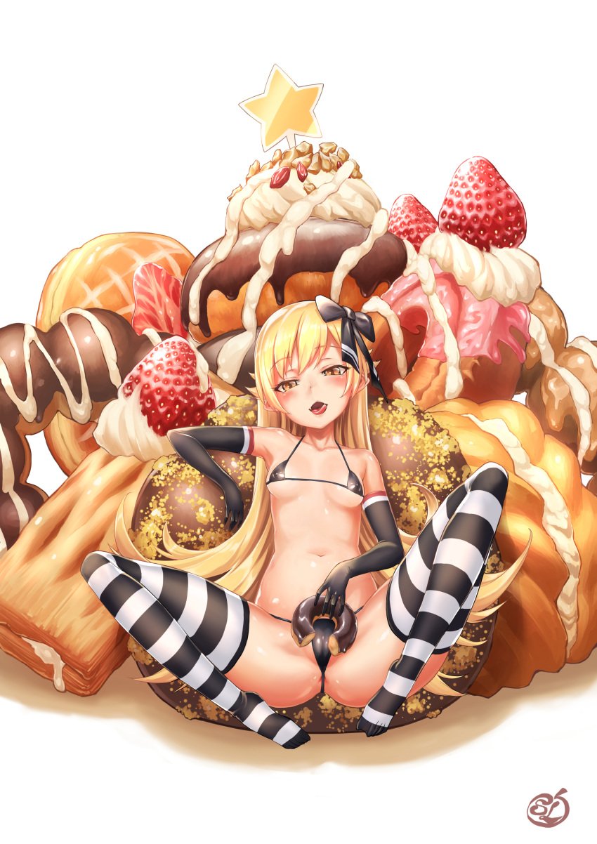 absurdres bai_linqin bakemonogatari bangs bikini black_bikini black_gloves blonde_hair bow breasts cameltoe chocolate_doughnut collarbone come_hither covered_nipples doughnut elbow_gloves eyebrows_visible_through_hair fangs female food french_cruller fruit gloves groin_tendon hair_ribbon highres icing in_food knees_up long_hair looking_at_viewer micro_bikini monogatari_(series) navel no_shoes old-fashioned_doughnut open_mouth oshino_shinobu oversized_object partially_visible_anus ribbon shiny shiny_hair shiny_skin sitting slit_pupils small_breasts solo spread_legs star strawberry string_bikini striped striped_legwear swimsuit thighhighs tongue tongue_out very_long_hair whipped_cream yellow_eyes