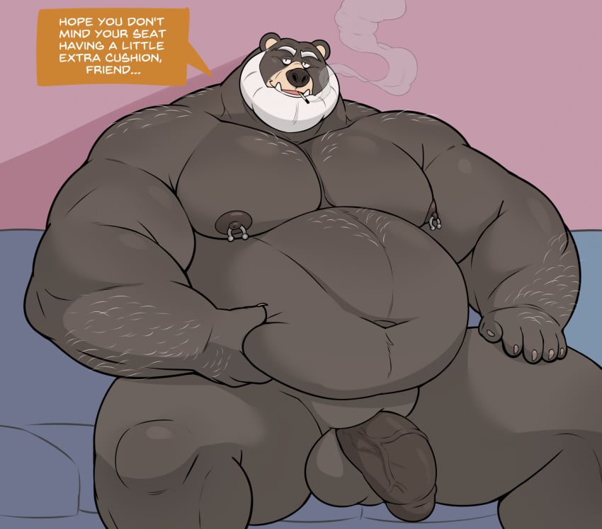 1boy 2024 5_fingers anthro arm_hair balls bara barazoku barbell_piercing bear beard belly belly_grab big_beard black_eyes body_hair brown_body brown_fur brown_nipples brown_penis chest_hair cigarette cigarette_in_mouth cigarette_smoke claws daddyfication dialogue digital_drawing_(artwork) digital_media_(artwork) english_text eyebrows facial_hair fangs fat fat_belly fat_man fingers fur furniture genitals hairy hand_on_leg hand_on_own_leg hi_res inside looking_at_viewer male male_only mammal manly manlyster moobs navel nipple_barbell nipple_piercing nipples nude obese obese_anthro obese_male object_in_mouth on_sofa open_mouth overweight overweight_anthro overweight_male penis piercing sharp_teeth shoulder_hair sitting sitting_on_furniture sitting_on_sofa smoke smoking sofa solo speech_bubble talking_to_viewer tan_face teeth text thick_penis two_tone_face vein veiny_penis wall_(structure) white_beard white_claws white_eyebrows white_facial_hair white_hair white_text yellow_speech_bubble