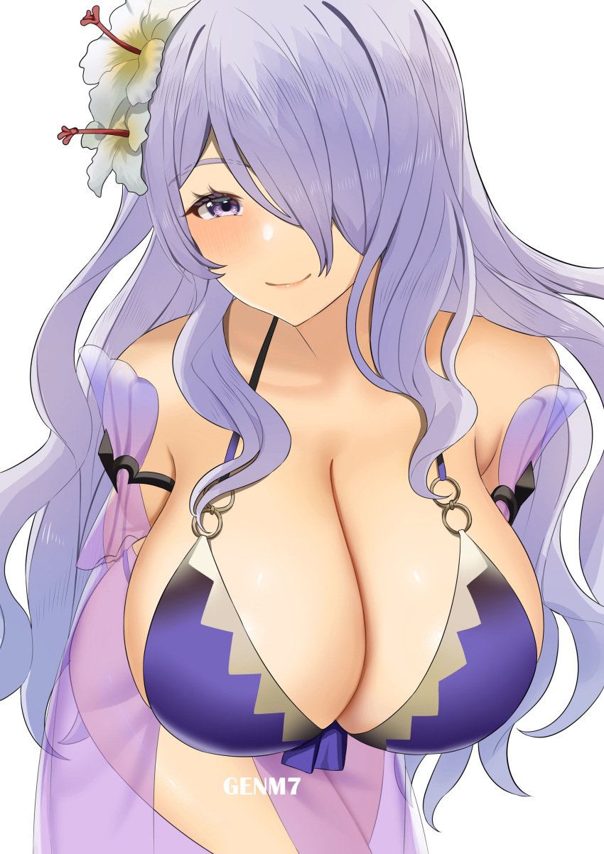 1girls absurdres alternate_costume artist_name bikini breasts camilla_(fire_emblem) camilla_(summer)_(fire_emblem) cleavage female fire_emblem fire_emblem_fates fire_emblem_heroes flower genm7 hair_flower hair_ornament hair_over_one_eye highres large_breasts light-skinned_female light_skin long_hair looking_at_viewer nintendo o-ring o-ring_bikini official_alternate_costume purple_bikini purple_eyes purple_hair purple_swimsuit sarong simple_background smile solo swimsuit upper_body very_long_hair wavy_hair white_background