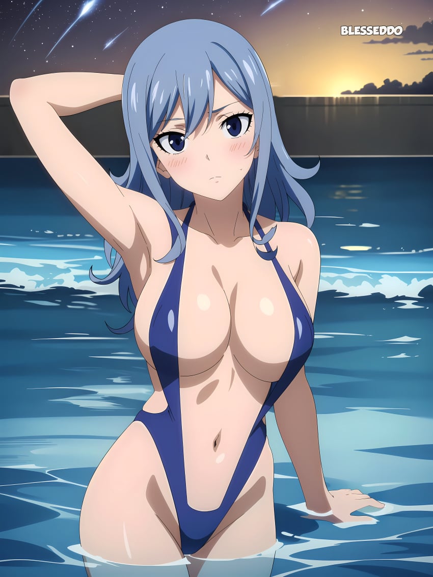 1girls ai_generated blesseddo blue_eyes blue_hair breasts cleavage fairy_tail juvia_lockser long_hair looking_at_viewer solo v_bikini water