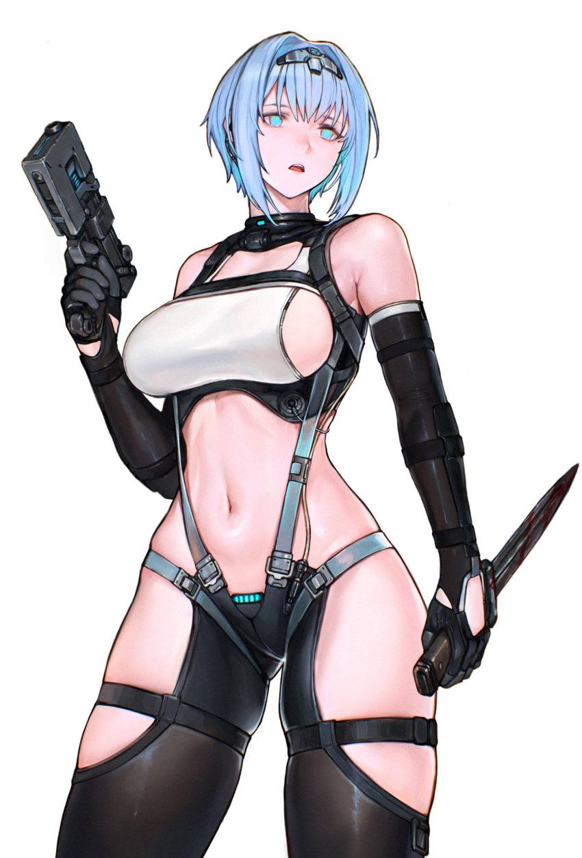 blue_eyes blue_hair female female_only fully_clothed gloves gun holding_knife holding_weapon iuui knife looking_away revealing_clothes sideboob skimpy_clothes solo straps tight_clothing