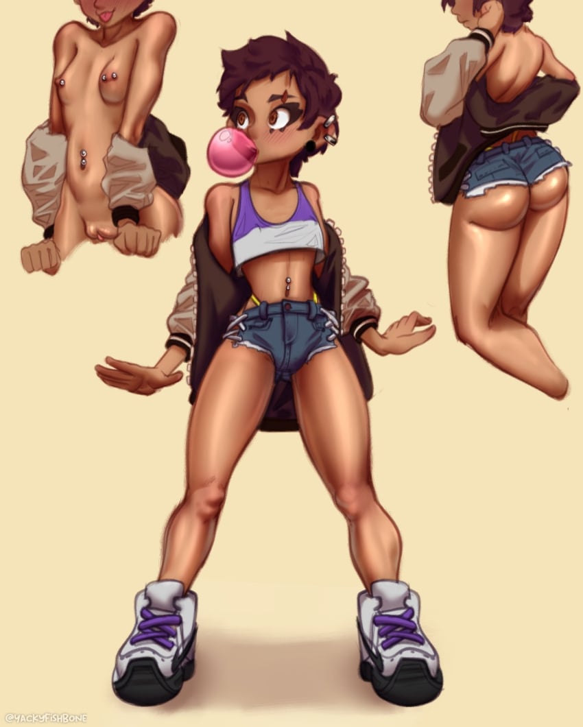 1girls ass barbell_piercing belly_button_piercing blowing_bubblegum breasts dark-skinned_female ear_piercing earrings eyebrow_scar luz_noceda navel_piercing nipple_piercing nipple_piercings piercing piercings scar small_breasts solo the_owl_house thick_ass yackyfishboner_(artist)