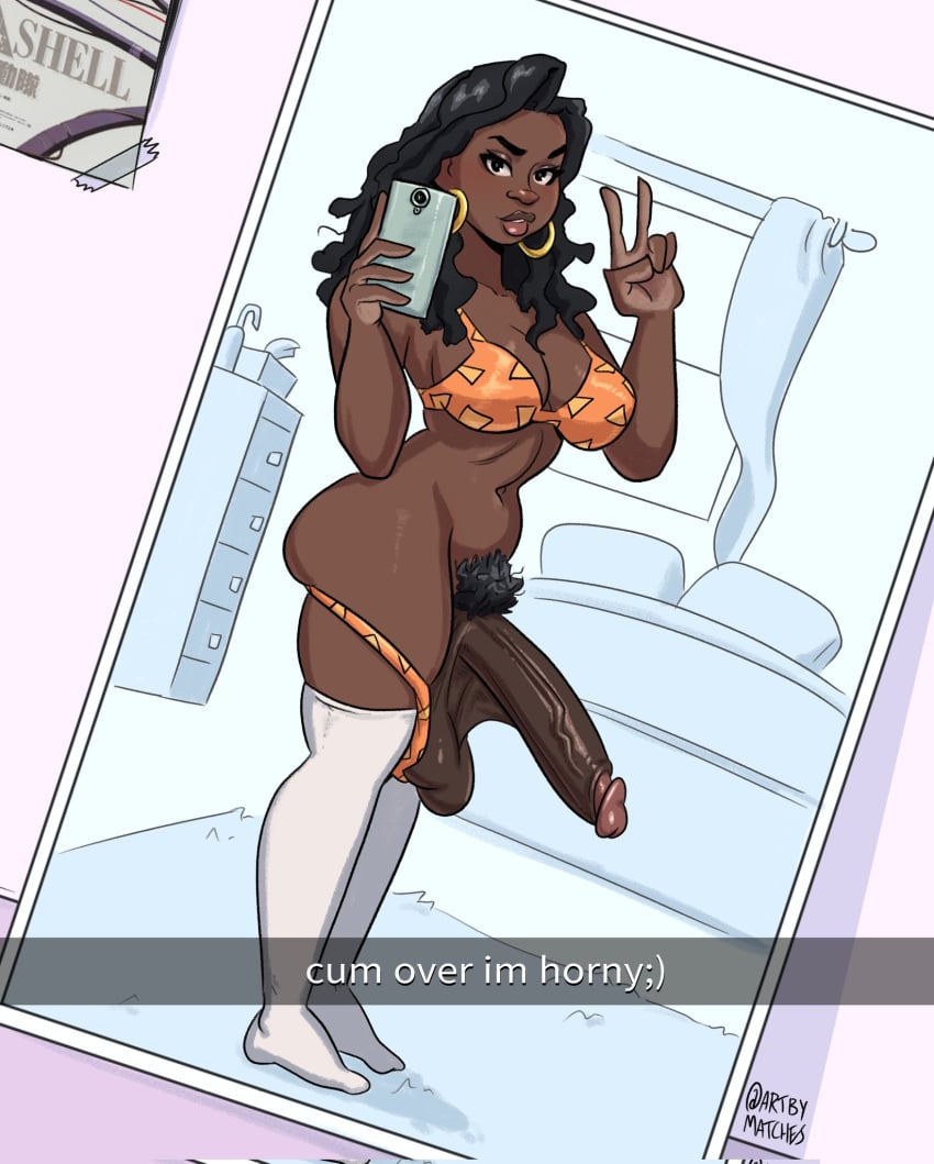 1futa african_futanari artbymatches balls big_ass big_breasts big_penis black_futanari black_hair breasts clothed clothing dark-skinned_futanari dark_skin english_text erect_penis erection futa_only futanari horny huge_cock human long_stockings mostly_nude peace_sign penis pubic_hair selfie shemale solo standing text