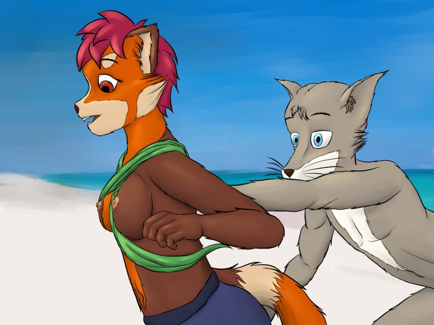 1boy 1girls anthro arvaus assisted_exposure beach bikini breasts breasts_out canine female flashing fox fur furry male mei_(arvaus) nipples public red_panda running steve_(arvaus) surprised swimsuit topless wardrobe_malfunction