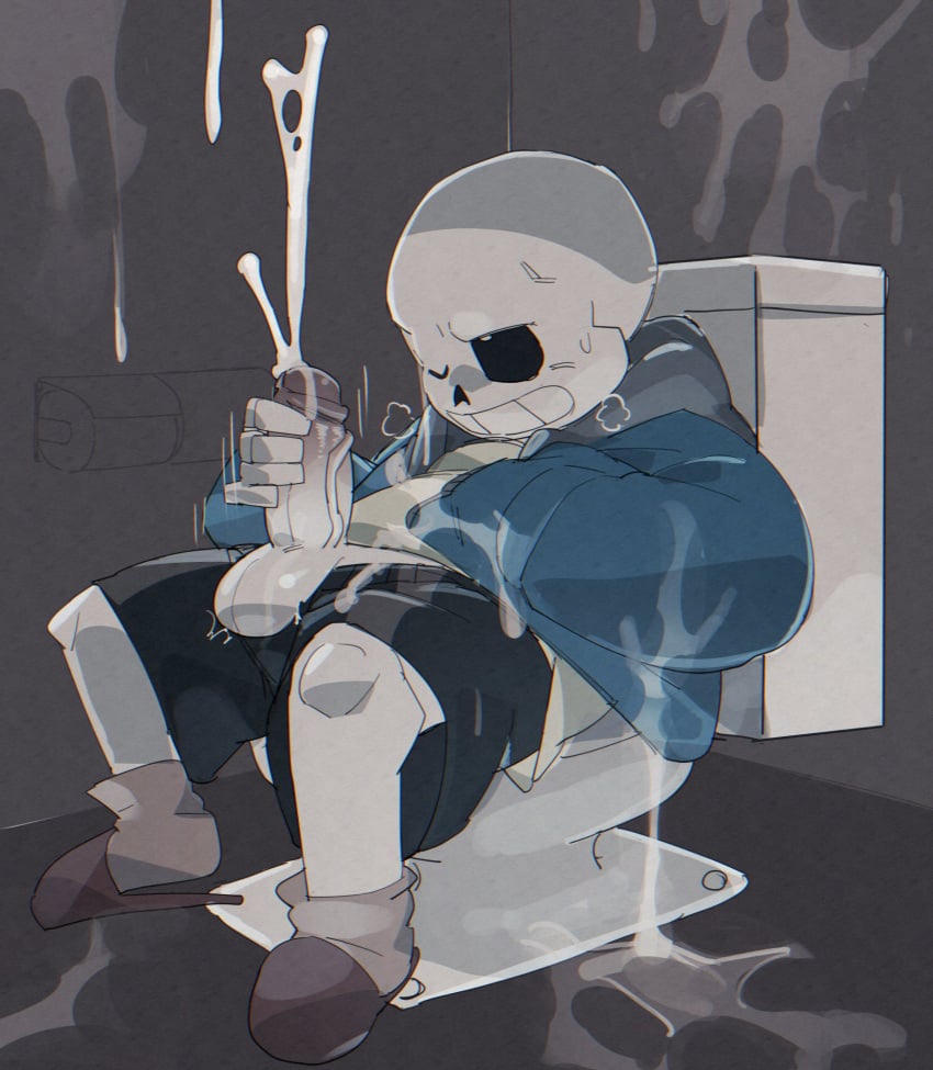 1boy 2024 balls black_shorts blue_jacket breath cum cum_drip cum_dripping cum_everywhere cum_on_clothes cum_on_self cumming dripping ejaculation hi_res male male_only masshiro masturbation one_eye_closed orgasm penis sans sans_(undertale) shirt skeleton slippers socks sweat toilet toilet_paper undertale vein veiny_penis