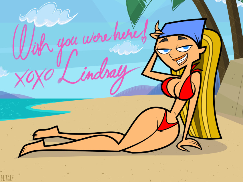 1girls accurate_art_style big_breasts bikini blonde_hair blue_eyes busty cleavage dlt human human_only large_breasts lindsay_(tdi) long_hair teenager total_drama_island