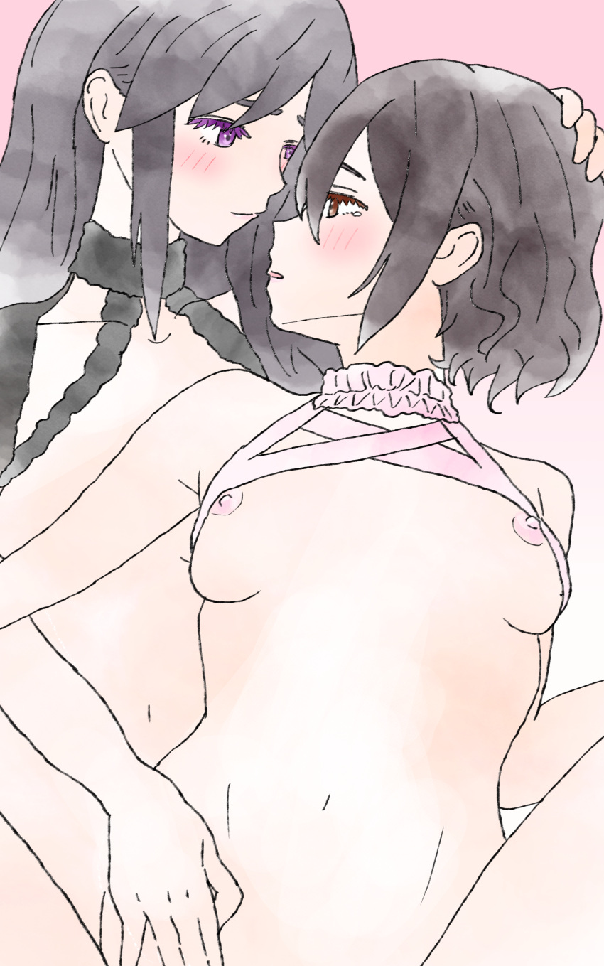 absurdres alice_gear_aegis black_hair breasts brown_eyes closed_mouth collarbone eye_contact highres kagome_misaki long_hair looking_at_another medium_breasts mole mole_under_eye multiple_girls niiya_serina nipples no_bra no_panties nude purple_eyes shizuna_(euorobib1059) short_hair topless yuri