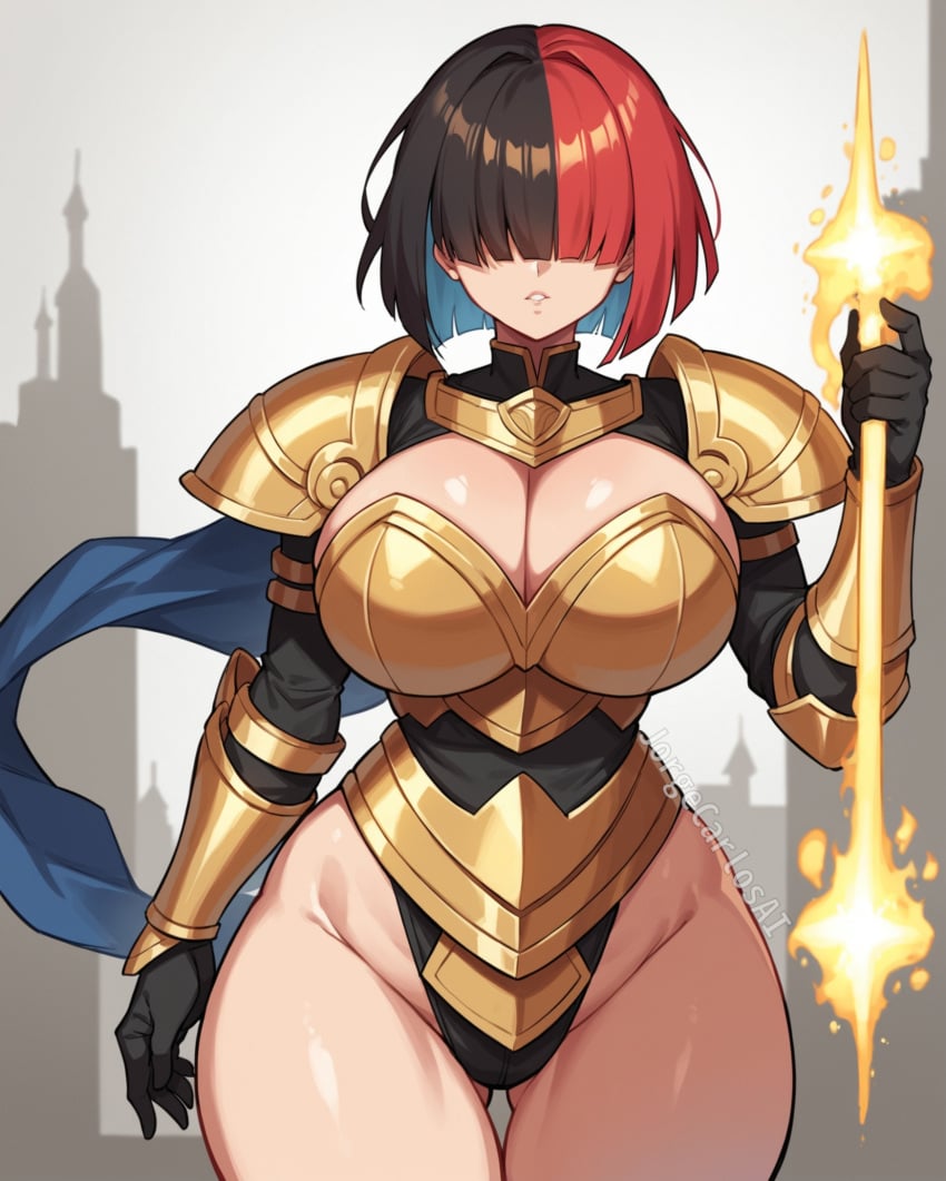 1girls ai_generated armor armored_female black_hair breasts cleavage cleavage_cutout eyes_covered fantasy female female_focus female_only gold_(metal) golden_armor hair_over_eyes huge_breasts jorgecarlosai legs magic magical_girl red_hair thick thick_legs thick_thighs two_tone_hair wide_hips