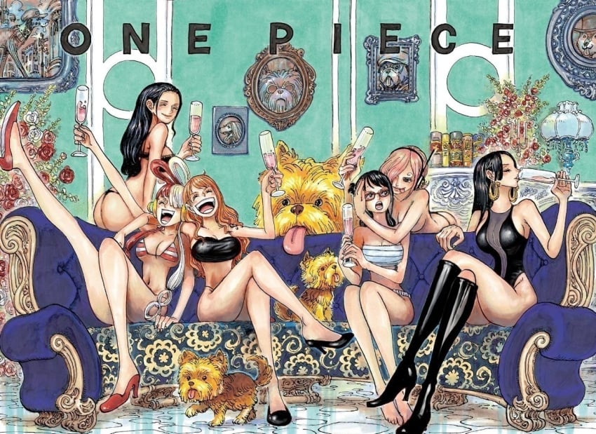 6girls boa_hancock female female_focus female_only girls_only hancock laugh laughing multiple_girls nami nami_(one_piece) nico_robin nude_female one_piece post-timeskip reiju tashigi third-party_edit tongue tongue_out uta_(one_piece) vinsmoke_reiju wine wine_glass