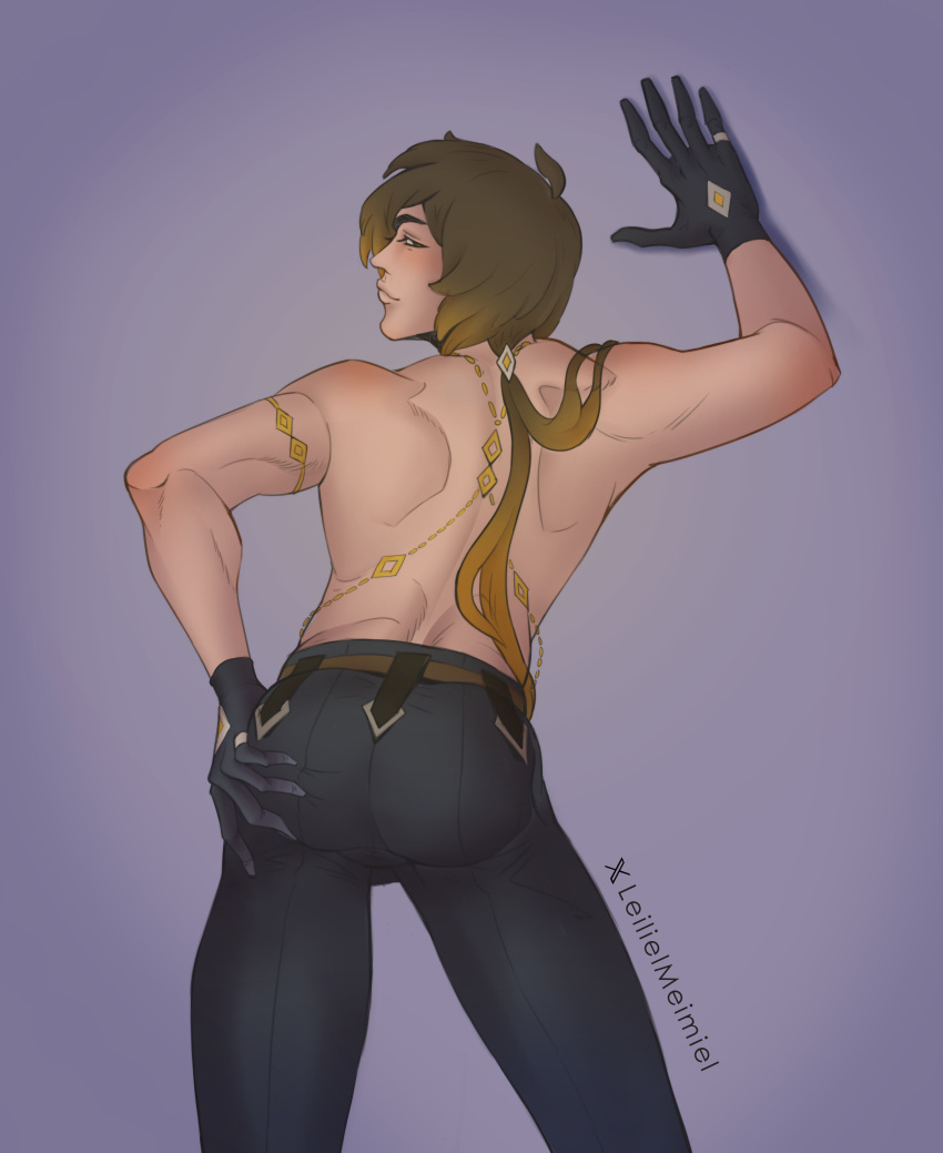 back back_muscles back_view brown_hair clothed clothing genshin_impact gloved_hand gloves long_hair male male_only muscular pants zhongli_(genshin_impact)