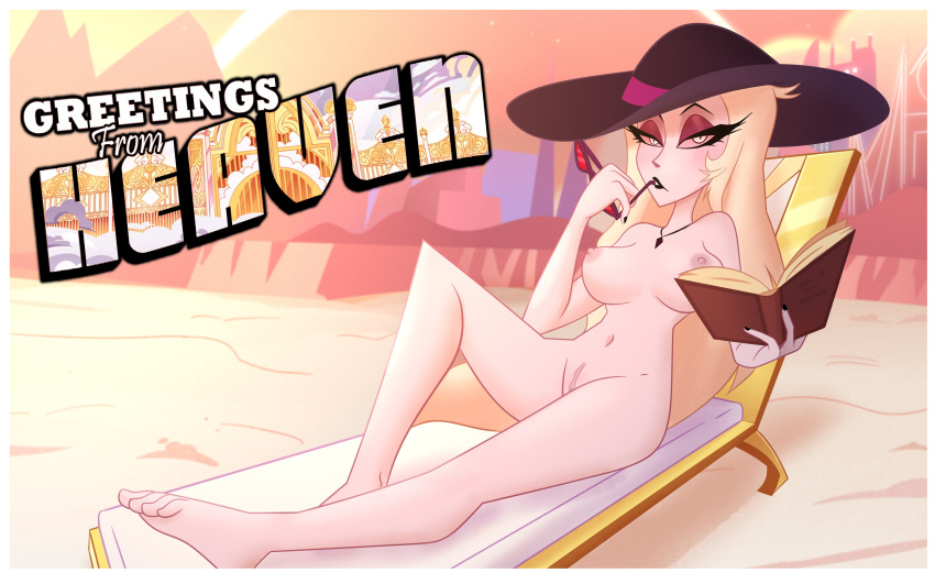 accurate_art_style beach book casual deadinside97 female hazbin_hotel headwear lilith_morningstar_(hazbin_hotel) lounge_chair milf mother nude nudist outdoors pale_skin succubus tagme