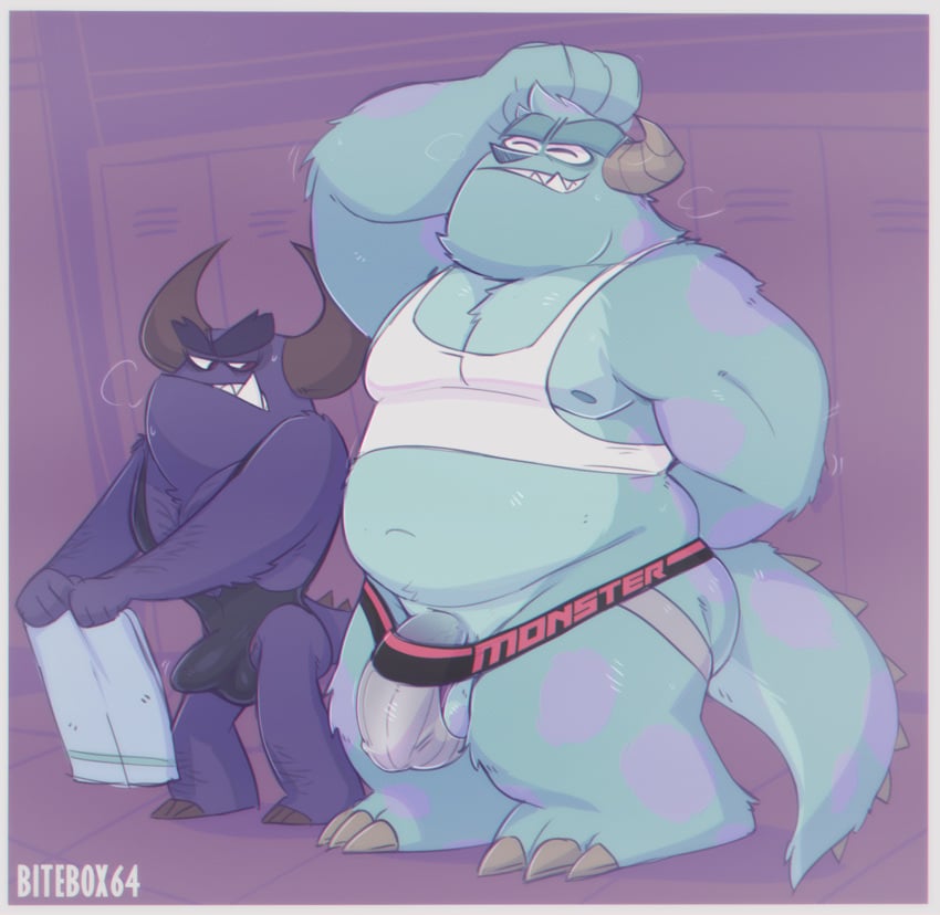 2024 anthro bitebox64 bulge clothing disney duo gay hi_res jockstrap johnny_worthington johnny_worthington_iii locker_room male male_only monster monsters_inc pixar sulley underwear wrestling_singlet