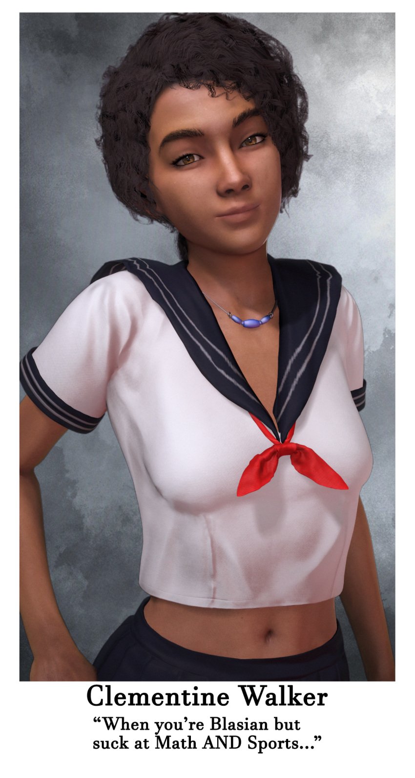 1girls 3d belly_button breasts brown_eyes brown_hair clementine_(the_walking_dead) crop_top dark-skinned_female dark_skin english_text female female_focus female_only hi_res highres irispoplar looking_at_viewer petite school_uniform sfm short_hair small_breasts smile solo solo_female source_filmmaker stomach teenager text the_walking_dead the_walking_dead_game